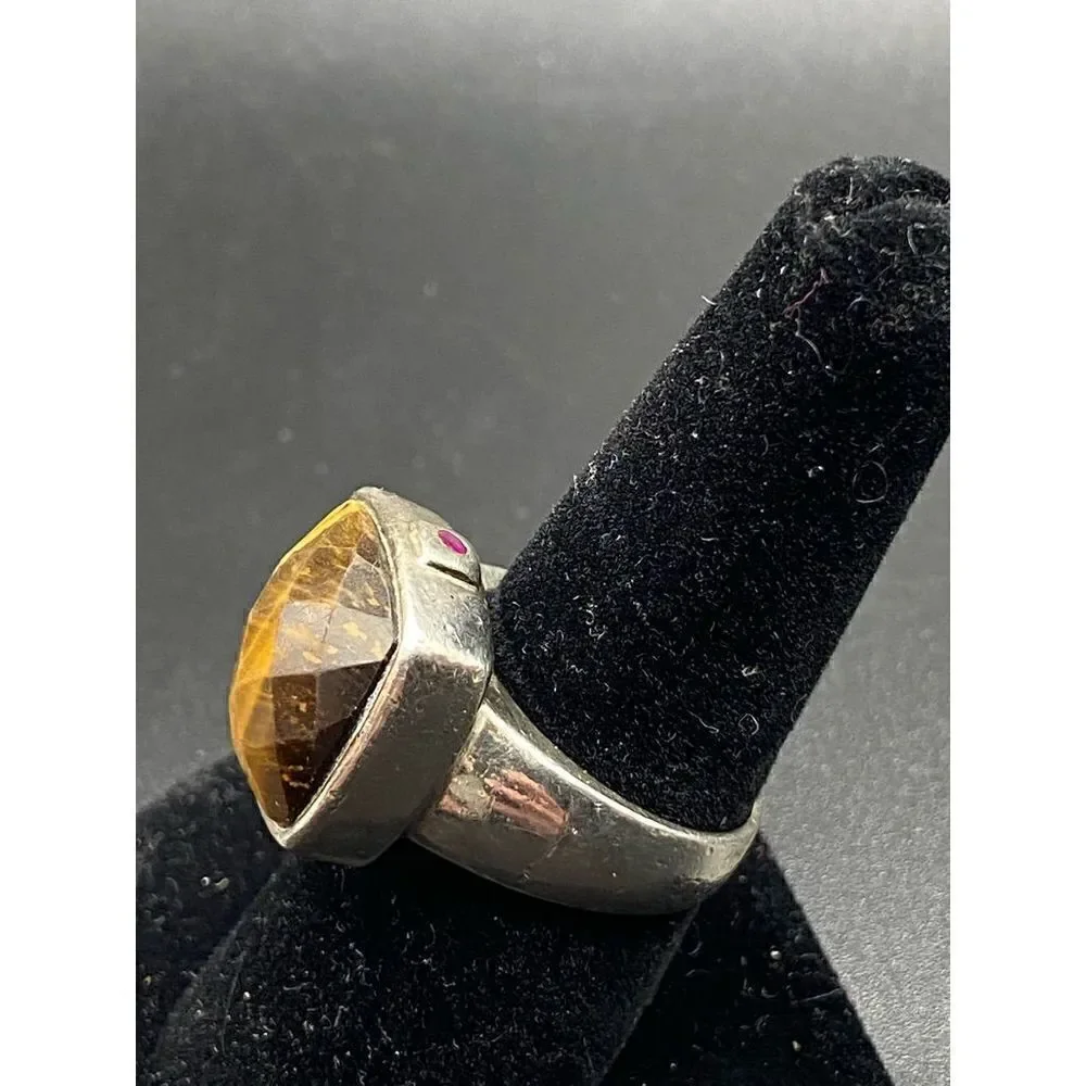 Elle sterling silver 925 Tigers Eye cushion multifaceted cut ring with signature